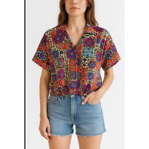 Vibrant Geometric Print Button Up Short Sleeve Cropped Top Women's Vintage‎
